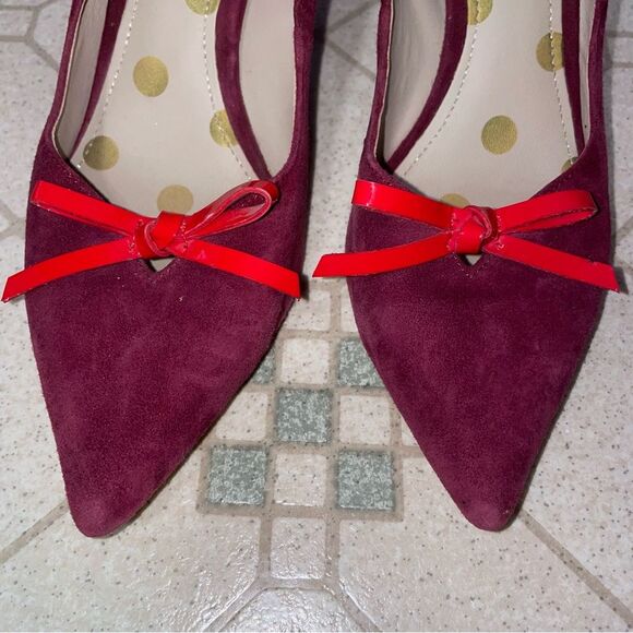 Boden Eleanor Courts Women EU 38.5 D'Orsay Pumps 3in Suede Pointed Toe Red Bow - Picture 3 of 7
